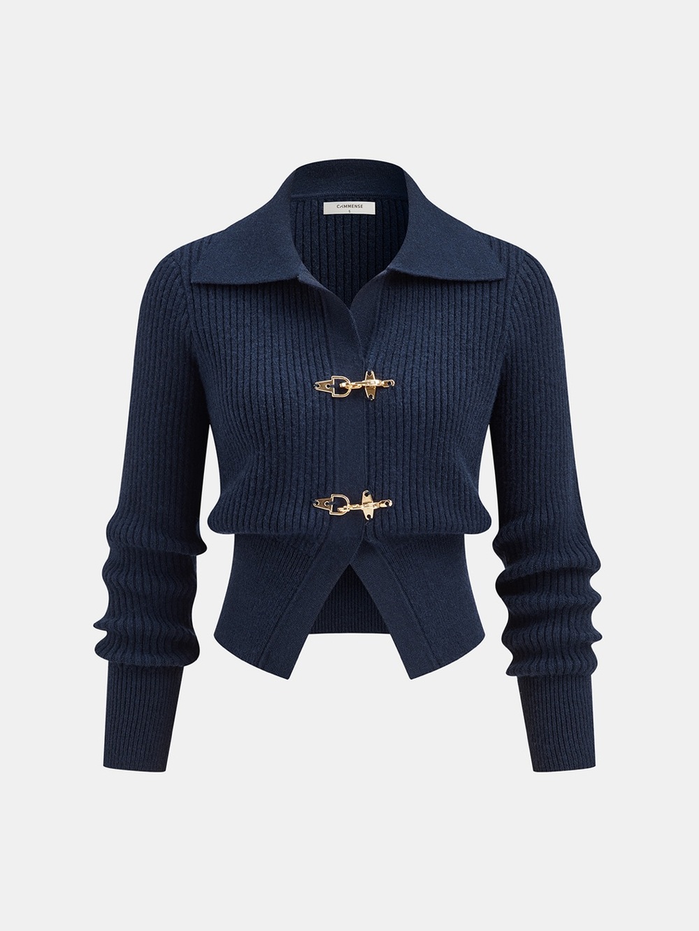 Commense Collared Metal Buckle Ribbed Cropped Sweater Size M
